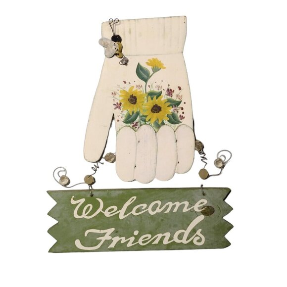 Handmade Other - Handmade Sunflower Wood Welcome Friends Sign Vtg Beaded Hanging Hands Bumblebee